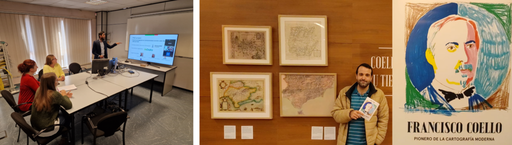 On the left, a man giving a speech at a meeting room. On the right, a man visiting a map exhibition.