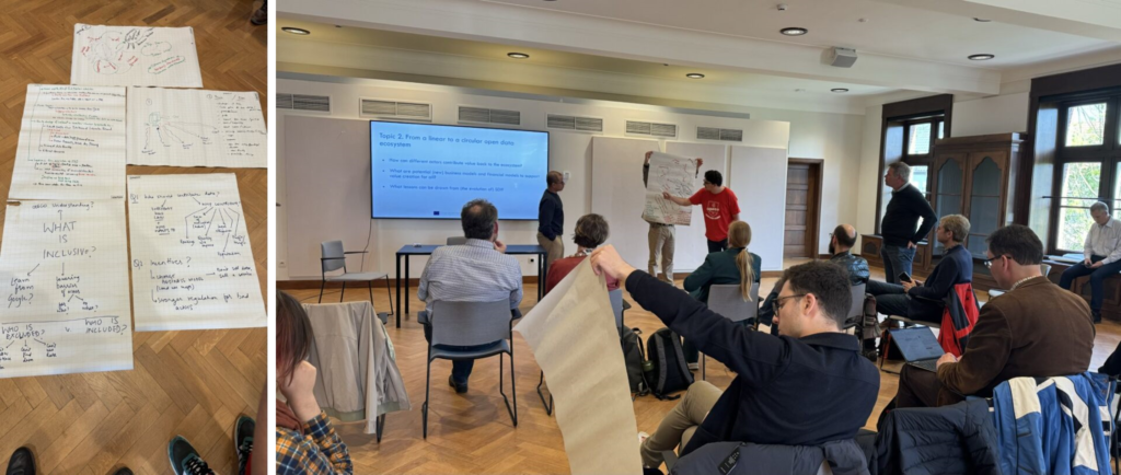 On the left, papers with ideas on them, presented on a flat surface. On the right, a group presenting their ideas to a crowd.