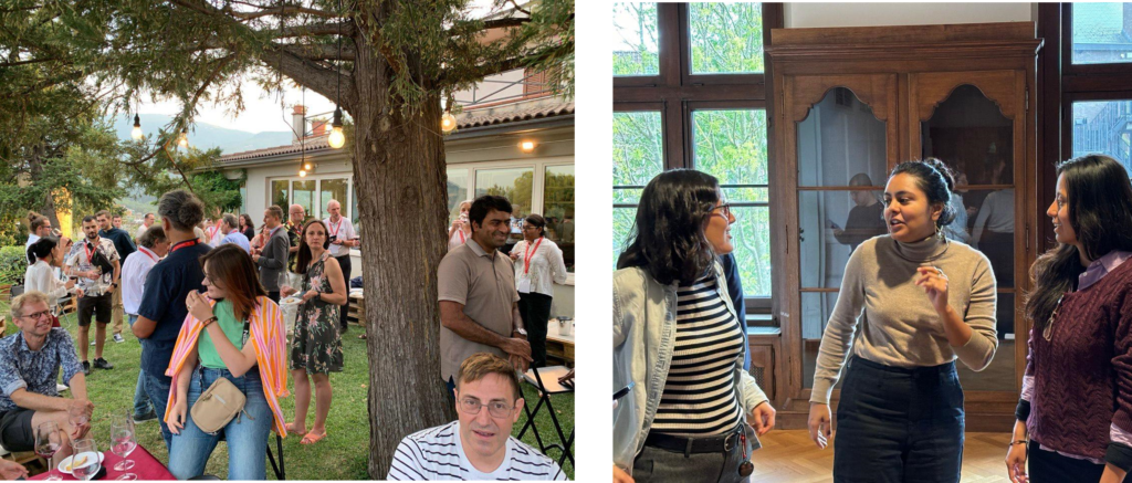 On the left, a crowd at a garden, talking. On the right, three women discussing.