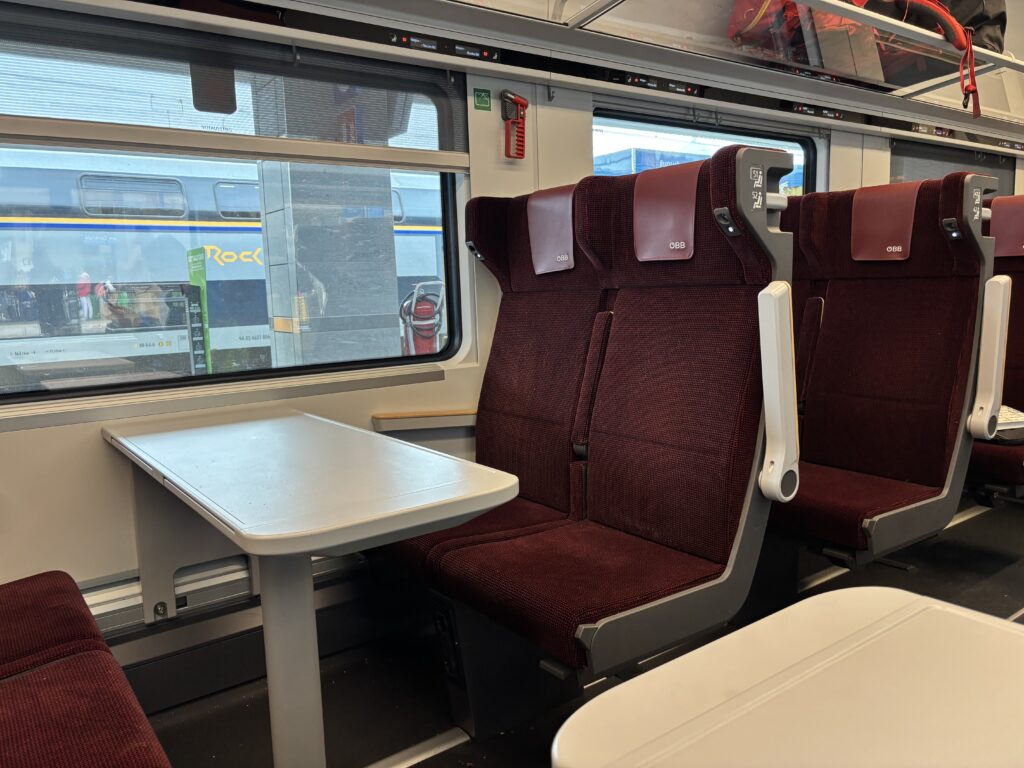 Interior of a train, showing brand new seats