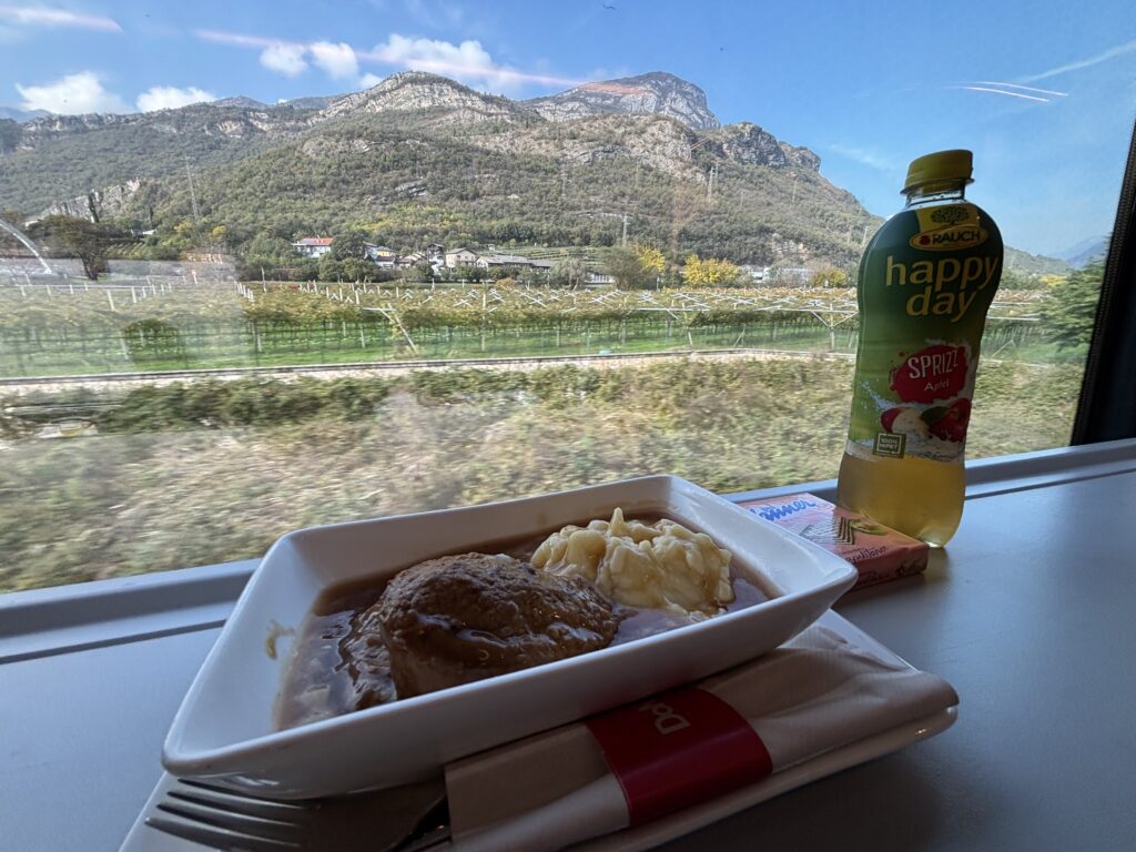 A plate with a meat and noodles dish, paired with a soft drink and a wafer dessert. On the background, a mountainous landscape with vineyards.