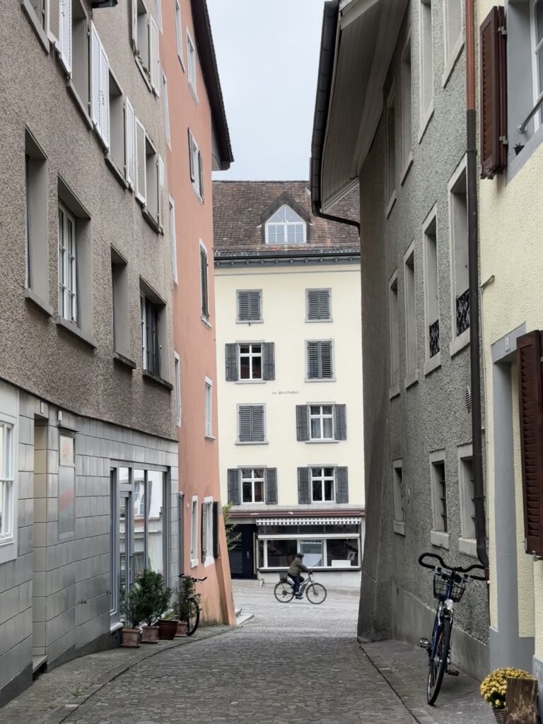 A long shot of a bicycle passing by between narrow alleys