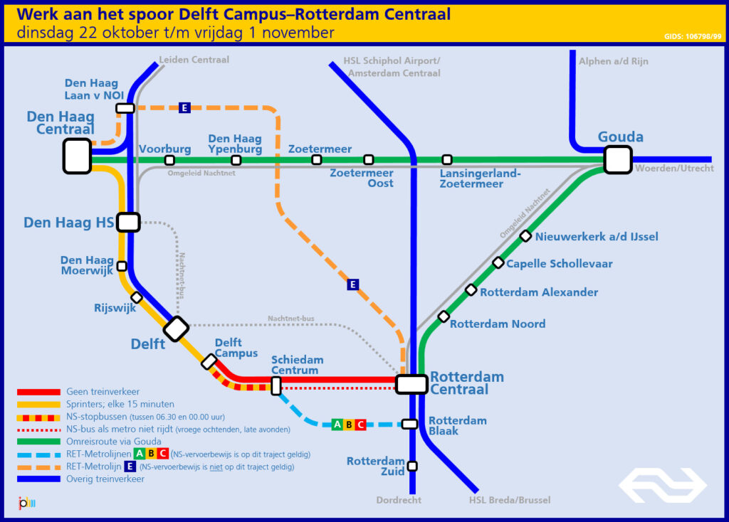 A map showing the routes to avoid the construction between Delft and Rotterdam