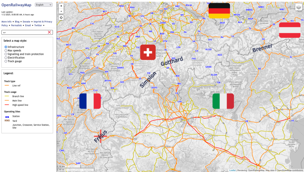 A map displaying the main rail routes over the Alps, labeled and showing the country flags.